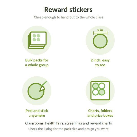 Reward stickers: bulk packs for a whole group, 2 inch, peel and stick, for charts, folders and prize boxes