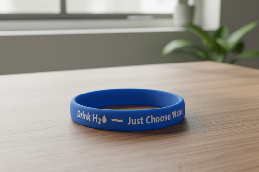 A blue silicone wristband with white text reading 'Drink H2 Just Choose Water' sits on a wooden table in a softly blurred indoor setting.