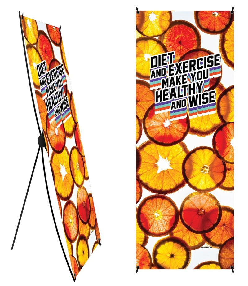 Custom Diet and Exercise Make You Healthy And Wise Orange "Coin" Banner and Stand 24" x 62" - Wellness Fair Banner 24" X 62" - Add Your Logo To This Health Fair Banner - Nutrition Education Store