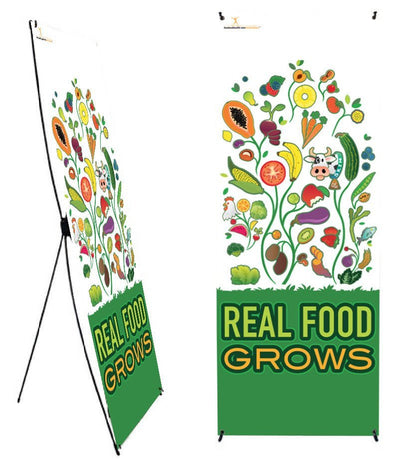 Custom Real Food Grows Banner Stand 24" X 62" - Wellness Fair Banner 24" X 62" - Add Your Logo To This Health Fair Banner - Nutrition Education Store