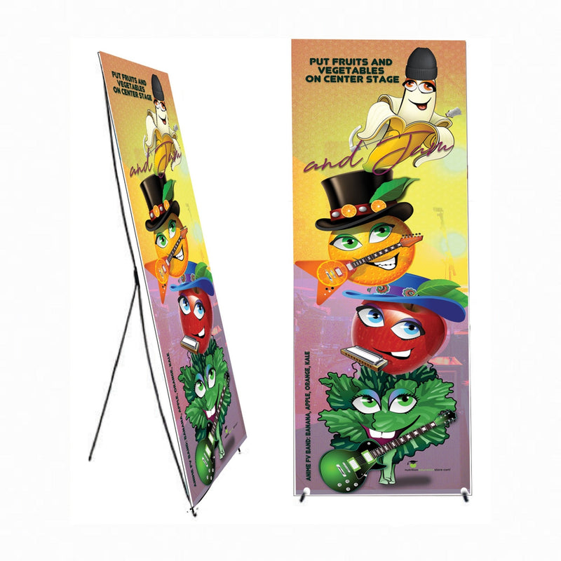 Anime Put Fruits and Vegetables On Center Stage 24" x 67" Vinyl Banner with X Banner Stand - Nutrition Education Store