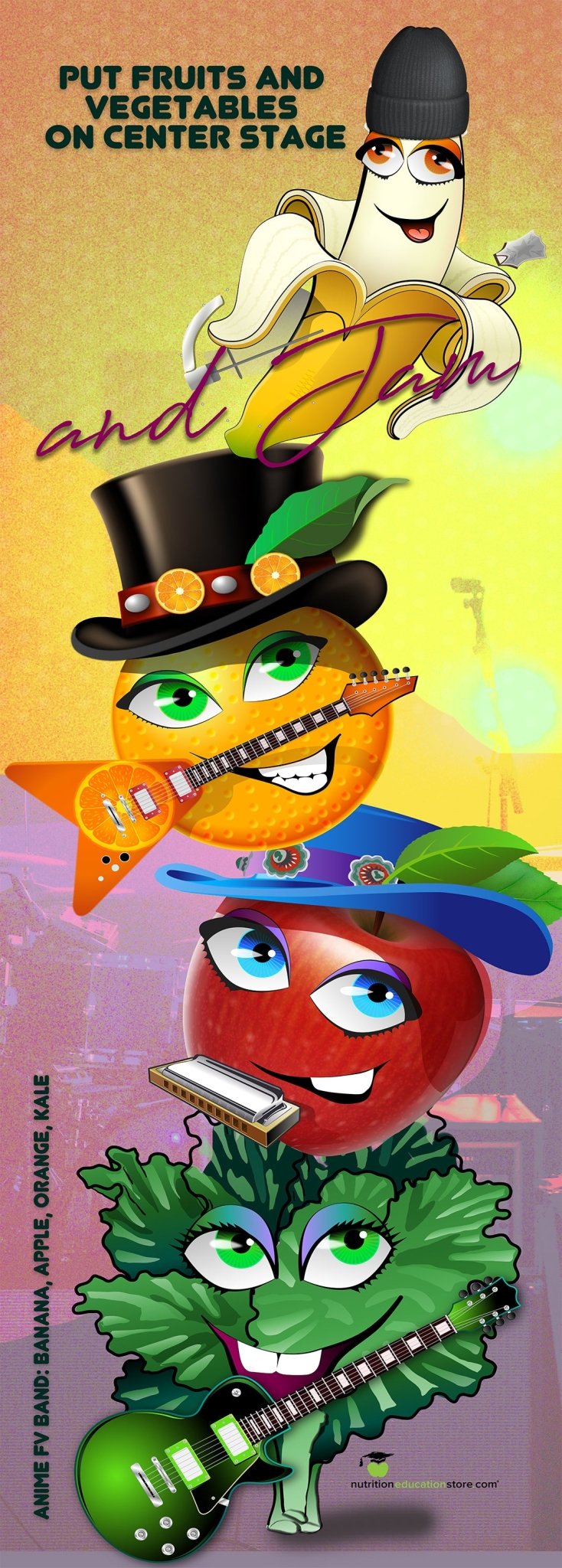Anime Put Fruits and Vegetables On Center Stage 24" x 67" Vinyl Banner with X Banner Stand - Nutrition Education Store