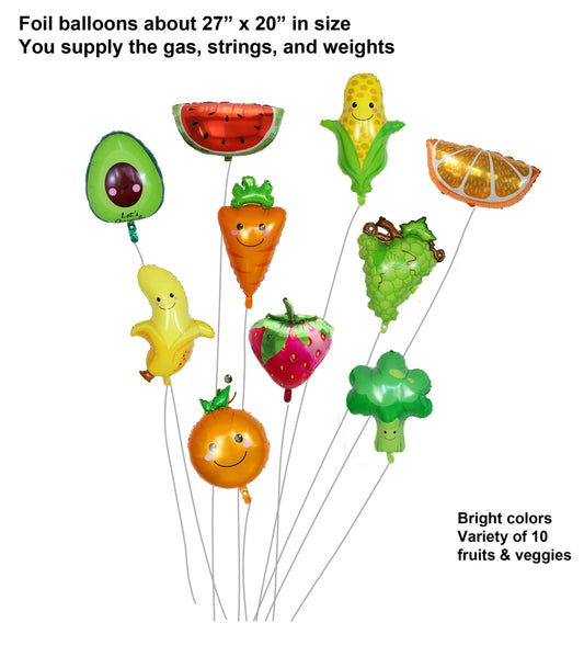 10 Foil Fruit and Vegetable Shaped Balloons Set
