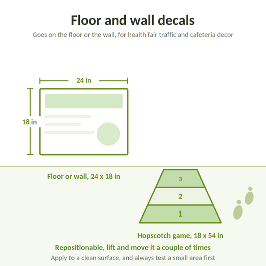 Floor and wall decals: goes on the floor or the wall, 24 by 18 inches, hopscotch game 18 by 54 inches, repositionable, apply to a clean surface and test a small area first
