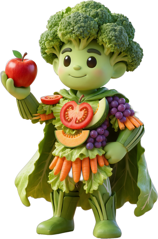 A stylized broccoli character figure with a green head and leafy body, holding a red apple and surrounded by vegetables like tomatoes, carrots, grapes, and melon on a plain white background.