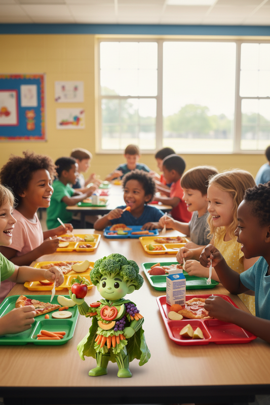 A child-friendly classroom scene with children sitting around a table eating lunch. In the foreground, a small green vegetable-themed toy or character figure stands on the table, wearing a broccoli hat and carrot body, surrounded by colorful trays of food.