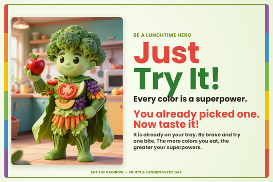 A colorful educational poster or print featuring a cartoon broccoli character dressed as a superhero with fruits and vegetables on, alongside text that reads 'Just Try It!' and 'Every color is a superpower.' The design uses bright green, red, orange, and purple tones on a pale cream background with a multicolor border.