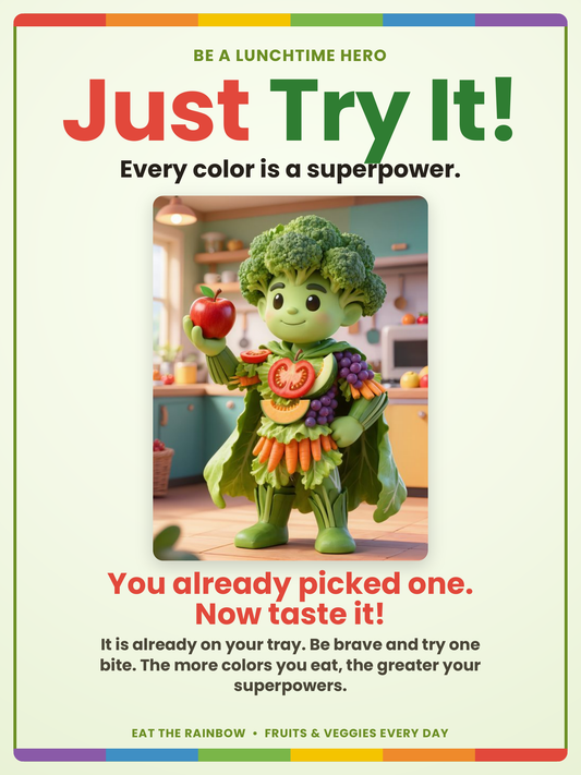 A colorful promotional poster with the headline 'Just Try It!' and the phrase 'Every color is a superpower.' featuring a cartoon broccoli character dressed in fruits and vegetables holding an apple, set against a light cream background with green, red, and orange text.