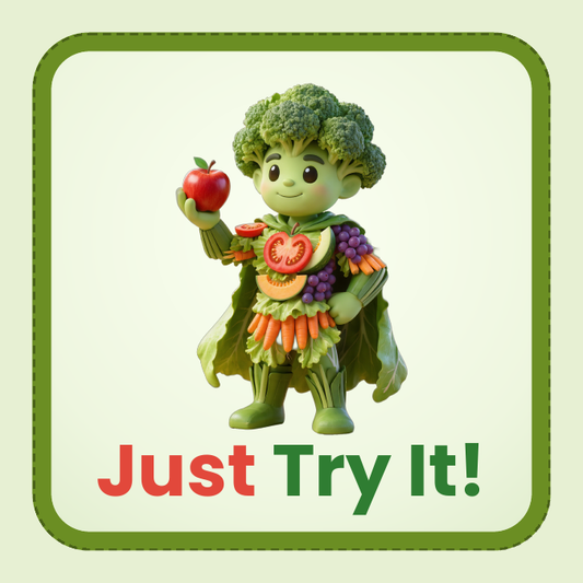 A square graphic with a green border and the words 'Just Try It!' at the bottom. In the center is a cartoon broccoli character wearing a cape and made of vegetables, holding a red apple.