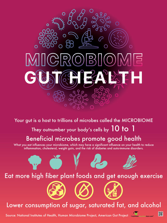 An educational infographic poster about Microbiome Gut Health, featuring a deep magenta background with white and purple text, line drawings of microorganisms, and small icons representing fiber, water, and exercise.