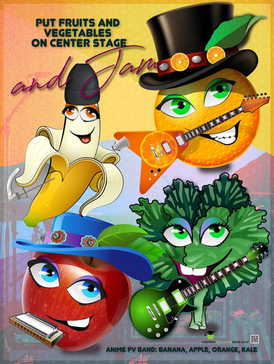 Anime Fruit and Vegetable Band Poster - 18" x 24" Laminated - Nutrition Education Store