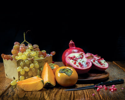 Art Print 20" x 16" Food Photograph "Persimmons, Pomegranates, Grapes Still Life" on Canvas Foam Board Ready to Hang - Nutrition Education Store