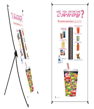 Custom - Are You Drinking Candy? Sugar and Beverage Awareness Vinyl Health Fair Banner 24" x 62" on Stand - add your logo - Nutrition Education Store