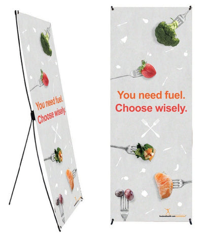 Custom Choose Wisely Fruits and Vegetables on Forks Banner and Stand 24" X 62" - Add Your Logo To This Health Fair Banner - Nutrition Education Store