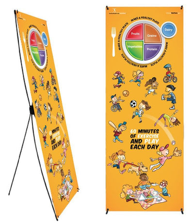 Custom My Plate Kids Activity Banner Stand 24" X 62" - Health Fair Banner Featuring Choose MyPlate 24" X 62" - Add Your Logo To This Health Fair Banner - Nutrition Education Store