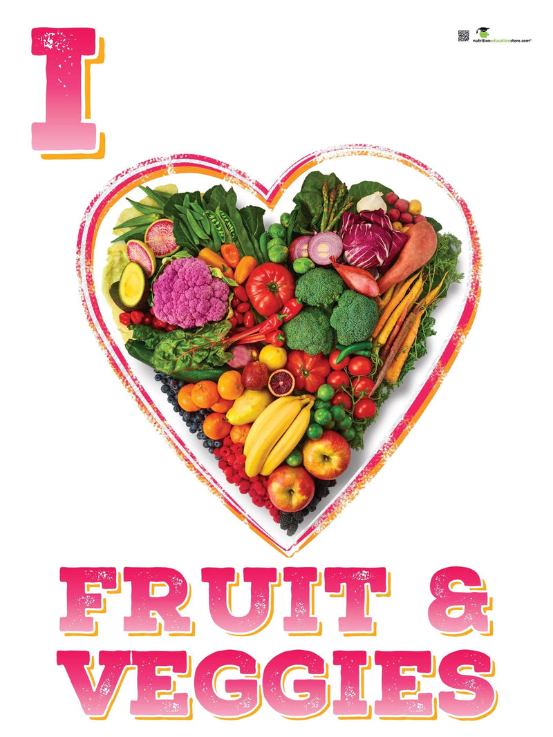 I Heart Fruits and Veggies Poster - Photo Heart - NEW - 18" x 24" Laminated Food Art Nutrition Health Poster - Nutrition Education Store