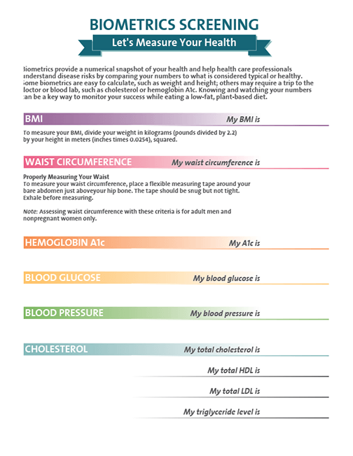 Printable Biometrics Form PDF with Room for Logo - Handout - Health Fair - Corporate Wellness and Screening - Nutrition Education Store