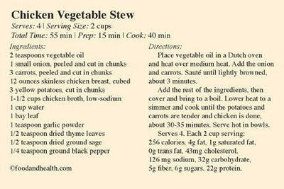 Recipe Card - Chicken Stew Entree Dinner - 25 Pack - Nutrition Education Store